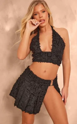 Black Textured Woven Halterneck Bralet