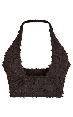 Black Textured Woven Halterneck Bralet
