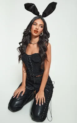 Black Textured Woven Lace Up Bandeau Crop Top