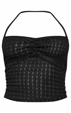 Black Textured Wrap Detail Halterneck Crop Top