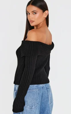 Black Thick Rib Bardot Foldover Button Up Top