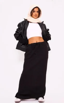 Black Thick Rib Drawstring Waist Maxi Skirt