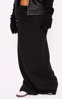 Black Thick Rib Drawstring Waist Maxi Skirt