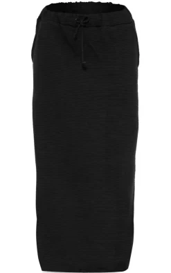 Black Thick Rib Drawstring Waist Maxi Skirt