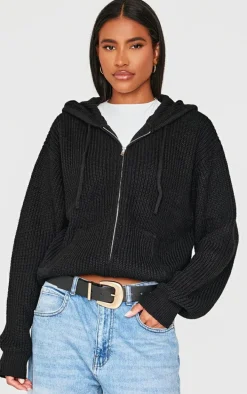 Black Thick Rib Knit Zip Up Hoodie
