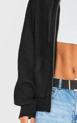 Black Thick Rib Knit Zip Up Hoodie