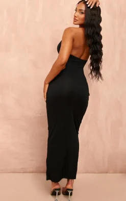 Black Thick Rib Waist Tie Halterneck Midaxi Dress