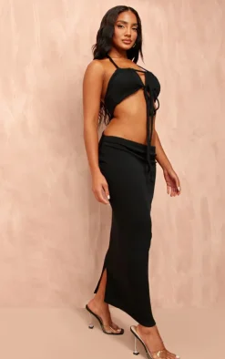 Black Thick Rib Waist Tie Halterneck Midaxi Dress