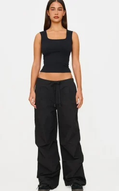Black Thin Waistband Drawstring Detail Track Pants