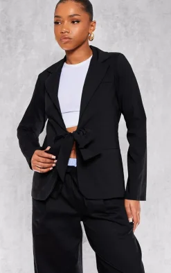 Black Tie Front Bow Textured Blazer