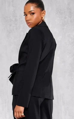 Black Tie Front Bow Textured Blazer