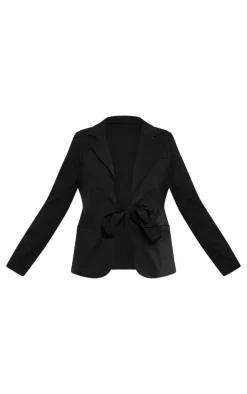 Black Tie Front Bow Textured Blazer