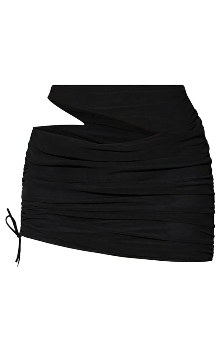 Black Tie Side Cut Out Ruched Micro Mini Skirt