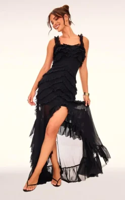 Black Tiered Frill Detail Maxi Dress