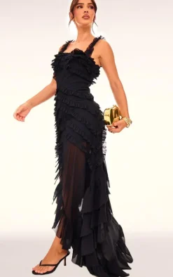 Black Tiered Frill Detail Maxi Dress