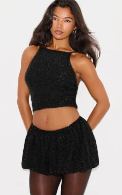 Black Tinsel Knit Detail Cami Crop Top