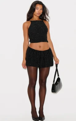 Black Tinsel Knit Detail Cami Crop Top