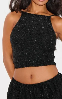 Black Tinsel Knit Detail Cami Crop Top