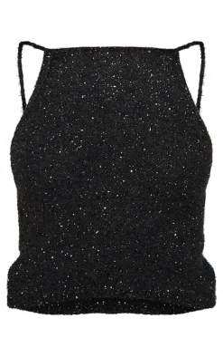 Black Tinsel Knit Detail Cami Crop Top