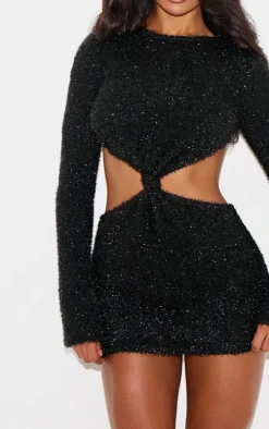Black Tinsel Knit Twist Front Open Back Mini Dress