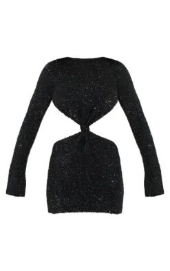 Black Tinsel Knit Twist Front Open Back Mini Dress