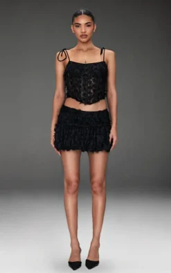 Black Tinsel Lace Puff Hem Skirt