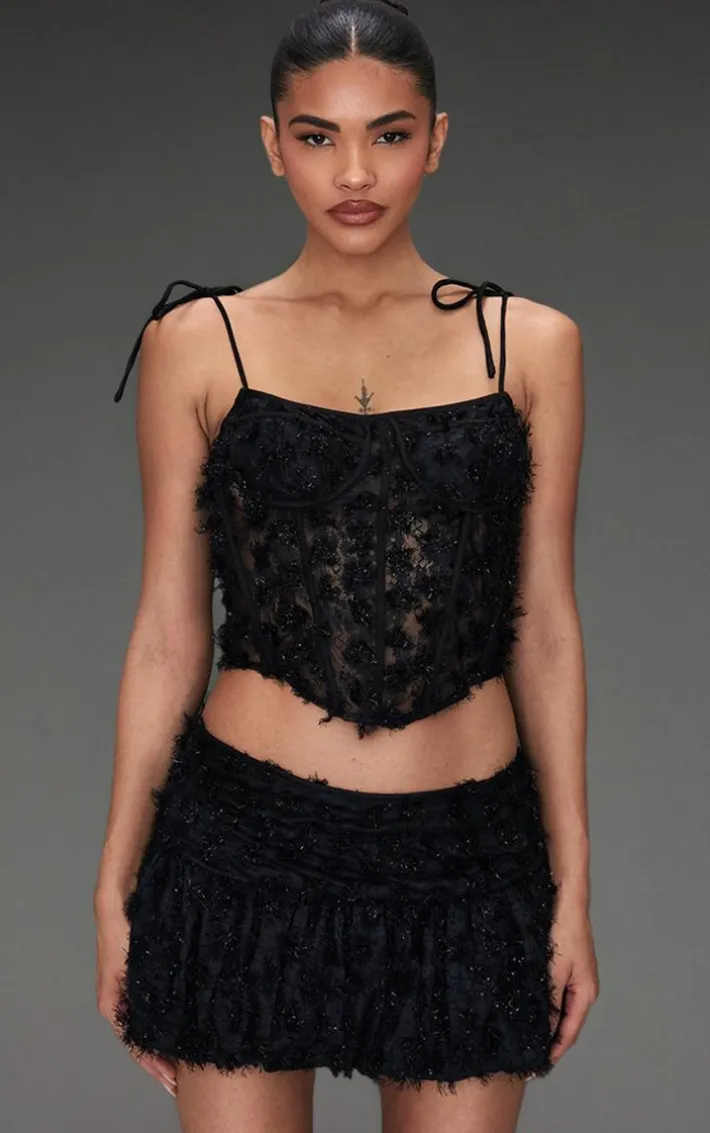 Black Tinsel Lace Puff Hem Skirt