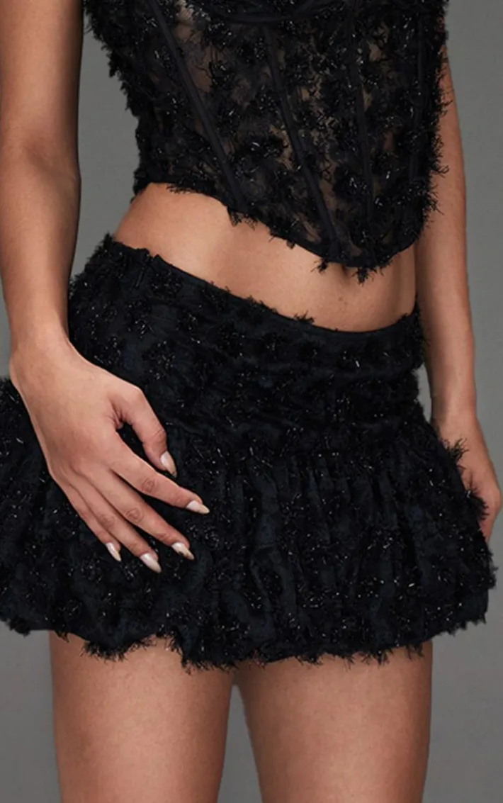 Black Tinsel Lace Puff Hem Skirt