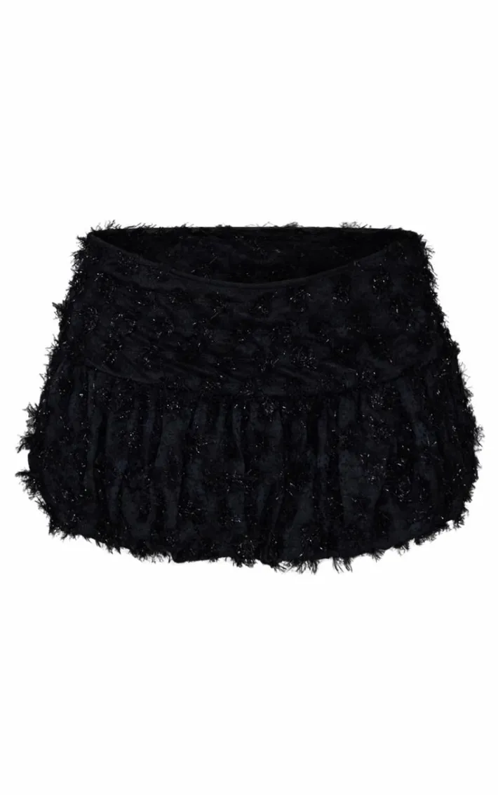 Black Tinsel Lace Puff Hem Skirt