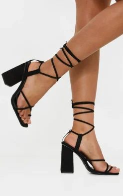 Black Toe Loop Ankle Tie Chunky Block Heel Sandals