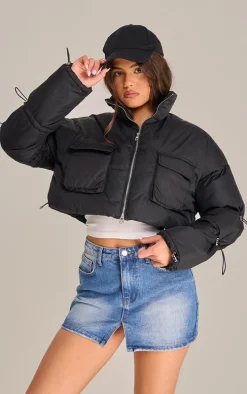Black Toggle Detail Cropped Oversized Puffer Jacket