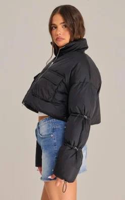 Black Toggle Detail Cropped Oversized Puffer Jacket