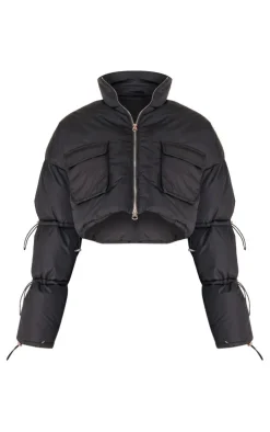 Black Toggle Detail Cropped Oversized Puffer Jacket