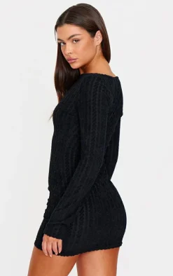 Black Towel Boat Neck Bodycon Dress