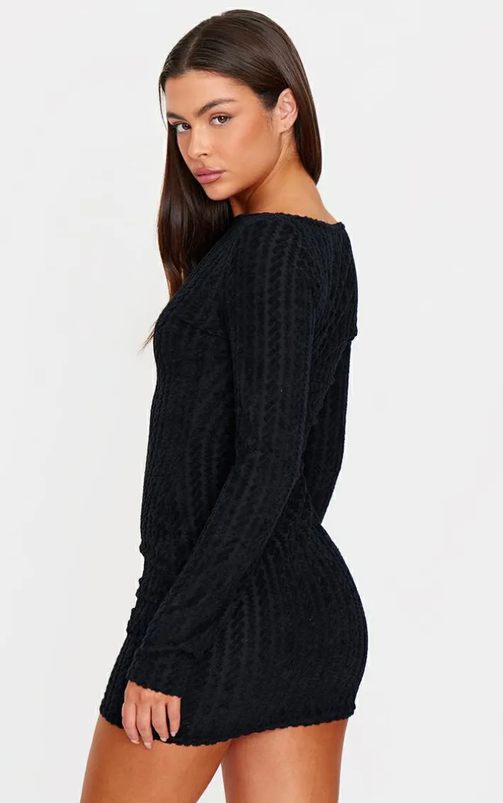 Black Towel Boat Neck Bodycon Dress