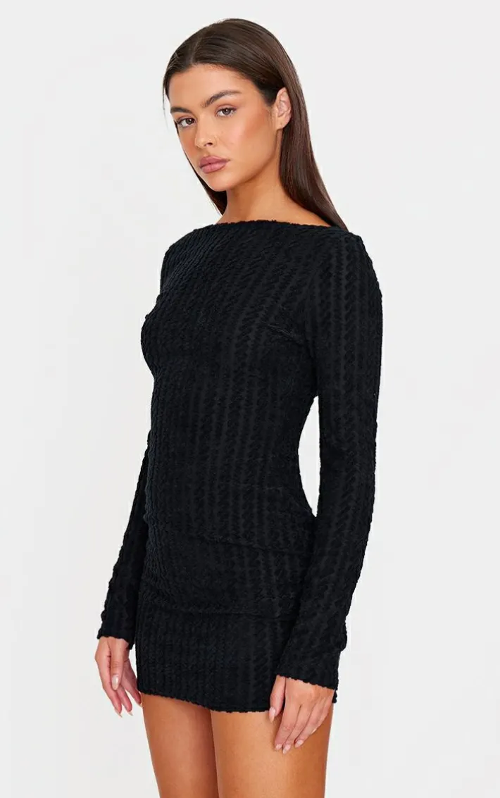 Black Towel Boat Neck Bodycon Dress