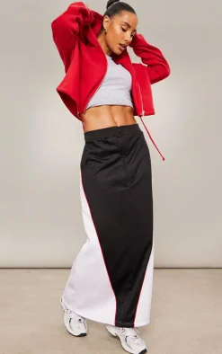 Black Tricot Zip Front Color Block Maxi Skirt