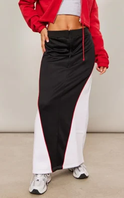 Black Tricot Zip Front Color Block Maxi Skirt
