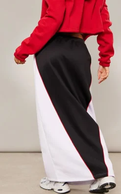 Black Tricot Zip Front Color Block Maxi Skirt