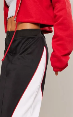 Black Tricot Zip Front Color Block Maxi Skirt