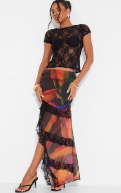 Black Tulip Print Lined Mesh Thigh Split Lace Trim Maxi Skirt
