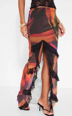 Black Tulip Print Lined Mesh Thigh Split Lace Trim Maxi Skirt