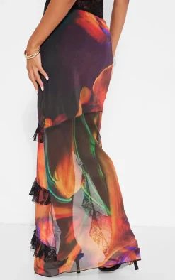 Black Tulip Print Lined Mesh Thigh Split Lace Trim Maxi Skirt