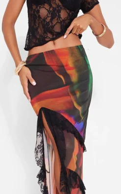 Black Tulip Print Lined Mesh Thigh Split Lace Trim Maxi Skirt