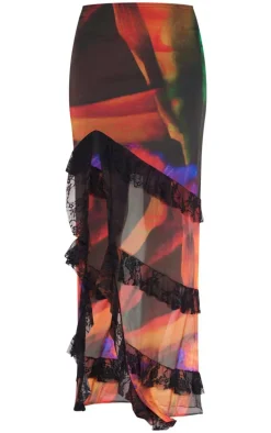 Black Tulip Print Lined Mesh Thigh Split Lace Trim Maxi Skirt