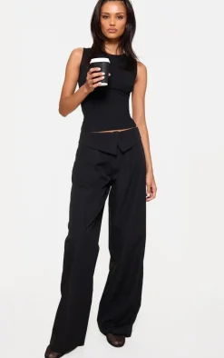 Black Turnover Waistband Detail Wide Leg Tailored Pants