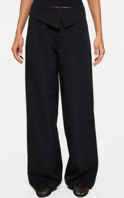 Black Turnover Waistband Detail Wide Leg Tailored Pants