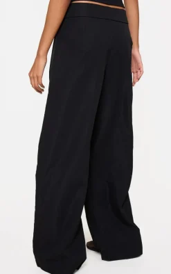 Black Turnover Waistband Detail Wide Leg Tailored Pants