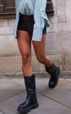 Black Tweed Textured High Waist Woven Tailored Shorts