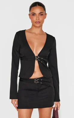 Black Twill Buckle Detail Long Sleeve Top